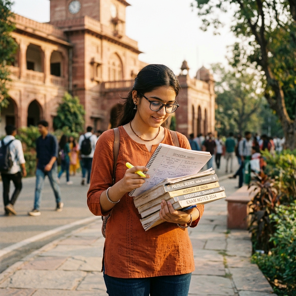 Indian student preparing for SSC CGL exam with study notes
